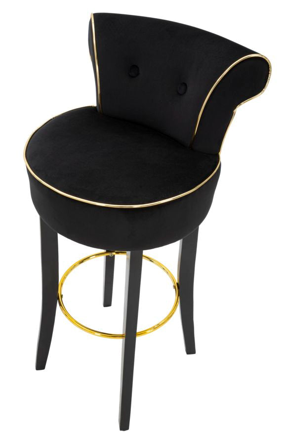 Sgabello alto LUXY nero visto dall'alto con bottoni tufted e gambe in legno #colore_Nero