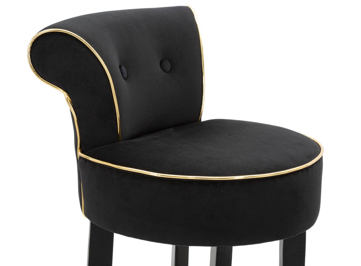 Dettaglio dello schienale dello sgabello LUXY nero con bordatura dorata lucida #colore_Nero