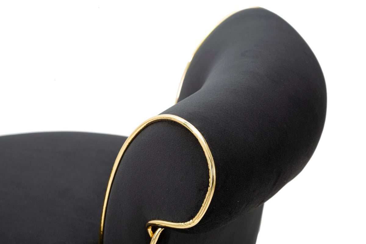 Dettaglio laterale dello sgabello LUXY nero con elemento dorato a staffa #colore_Nero