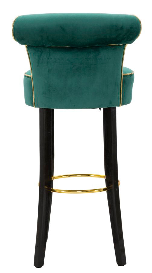 Sgabello alto LUXY verde smeraldo visto da dietro con gambe in legno scuro #colore_Verde