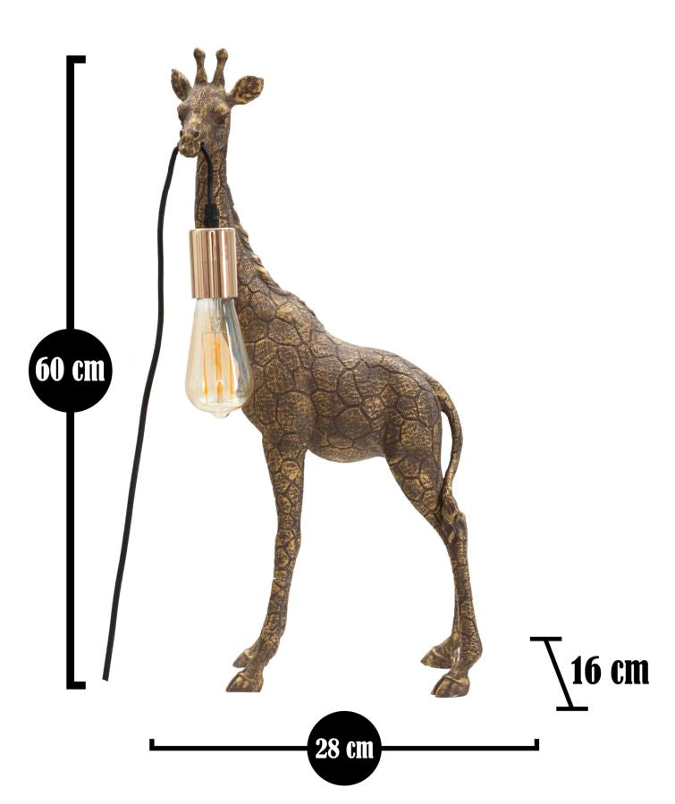 Lampada GIRAFFA oro di profilo con quote di 60, 28 e 16 cm su fondo bianco #dimensione_28x60x16