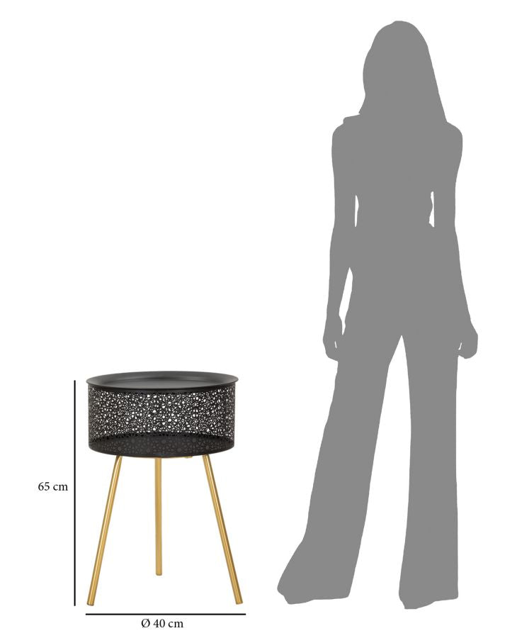 Tavolino BLACKY nero di profilo con misure: altezza 65 cm e diametro 40 cm #dimensione_Ø40 H65 cm