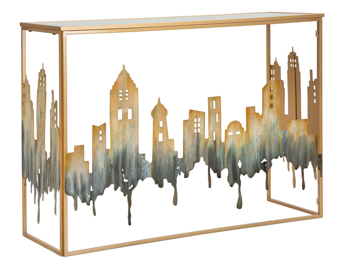 console_in_metallo_dorato_con_skyline_e_piano_in_vetro_specchio__city