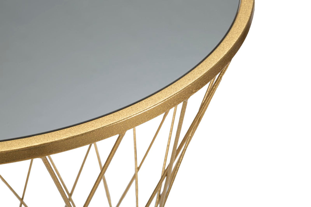 Dettaglio del bordo del piano in vetro specchio e della struttura dorata del tavolino TOWER NEW #dimensione_Ø50 H100