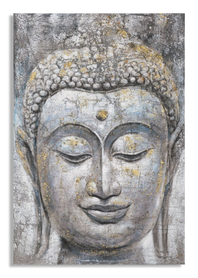 Dipinto su tela FACEUDDHA LIGHT con volto di Buddha, applicazioni dorate, vista frontale oro
