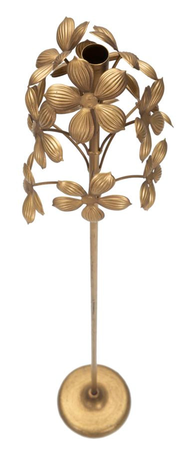 Portacandele FLOWY oro dall'alto di tre quarti, base bombata e bocchettone per la candela #dimensione_17x93