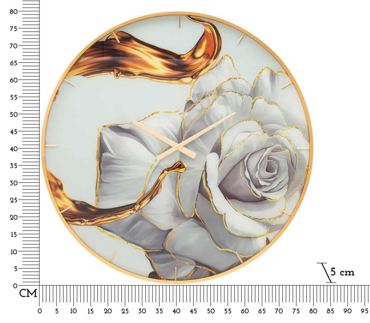 Orologio GLASS ROSE oro con righelli graduati in centimetri su fondo bianco per le misure #dimensione_Ø80 cm
