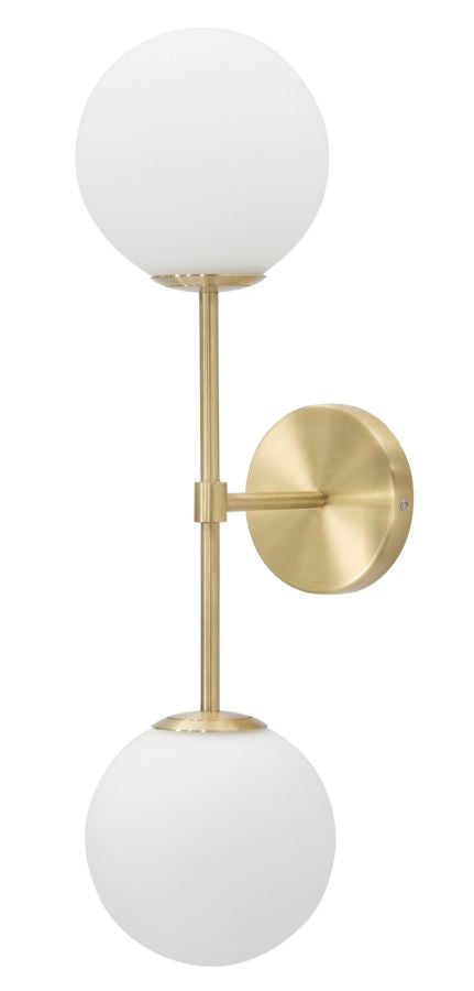 Applique GLAMY DOPPIA oro vista laterale, braccio dorato e due sfere in vetro bianco