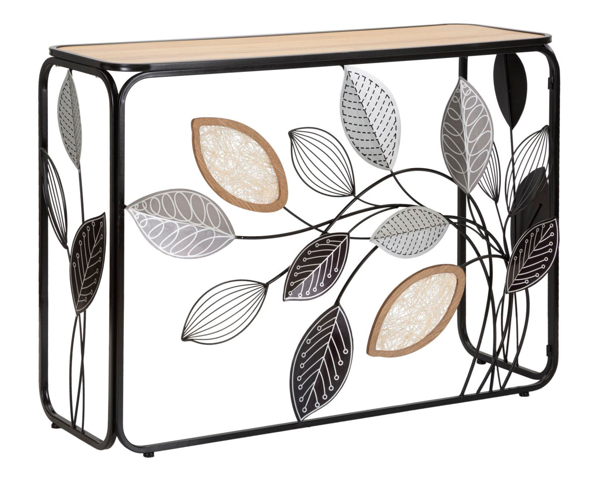 console_in_metallo_nero_con_foglie_decorative_e_piano_in_legno__autumn
