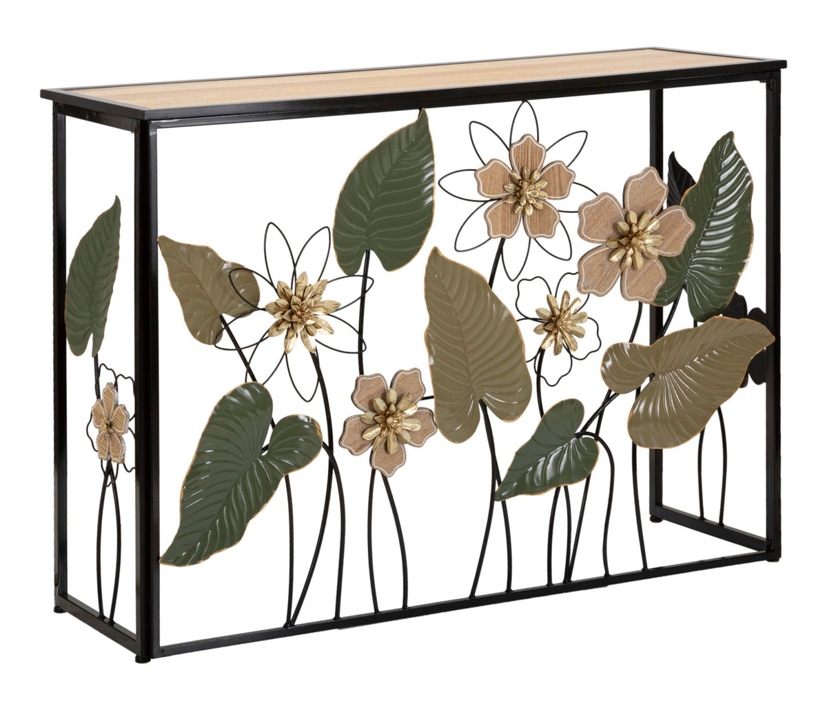 console_in_metallo_nero_con_decori_floreali_e_piano_in_legno__spring
