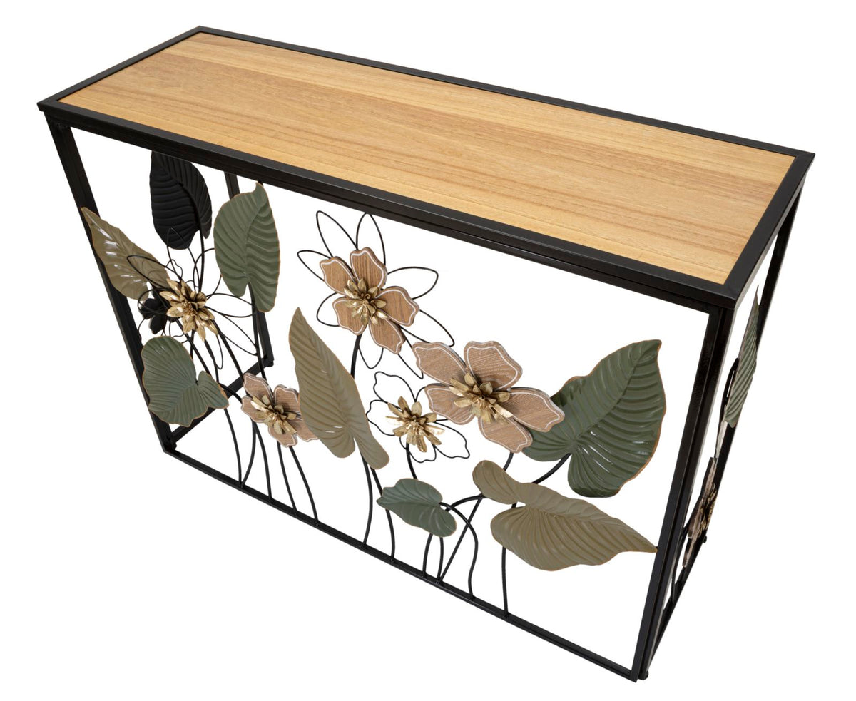console_in_metallo_nero_con_decori_floreali_e_piano_in_legno__spring