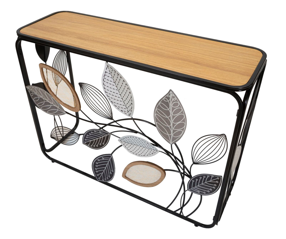 console_in_metallo_nero_con_foglie_decorative_e_piano_in_legno__autumn