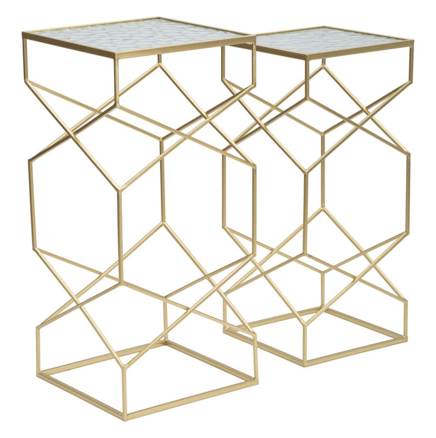 Tavolini GLASSY oro di altezze diverse con trama a esagoni e rombi, piano in vetro trasparente #dimensione_H68