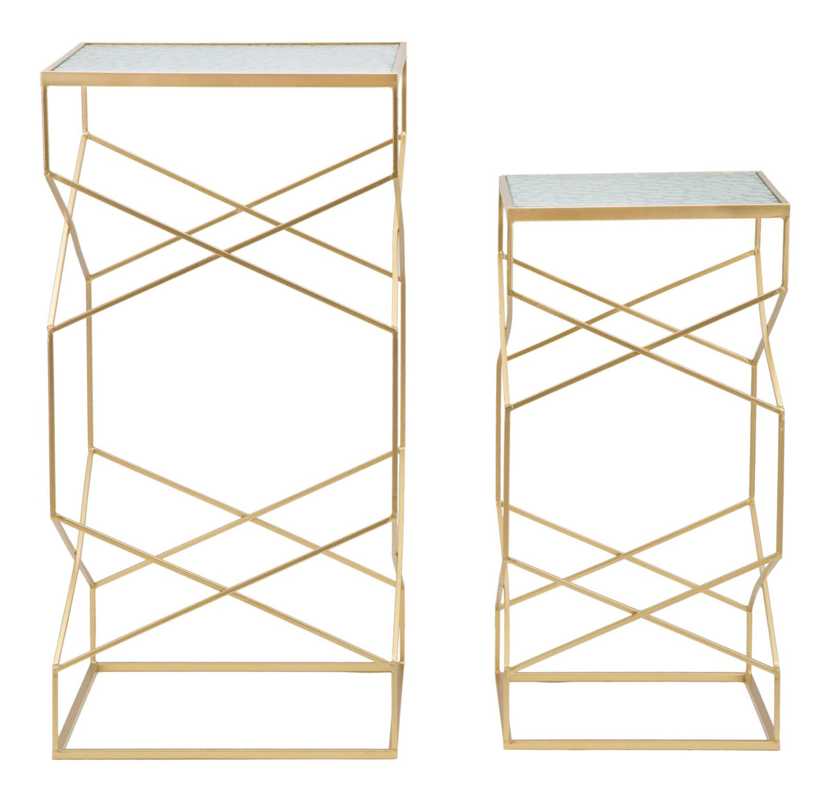 Tavolini GLASSY oro di altezze diverse con telaio a X e piano in vetro, vista frontale #dimensione_H100