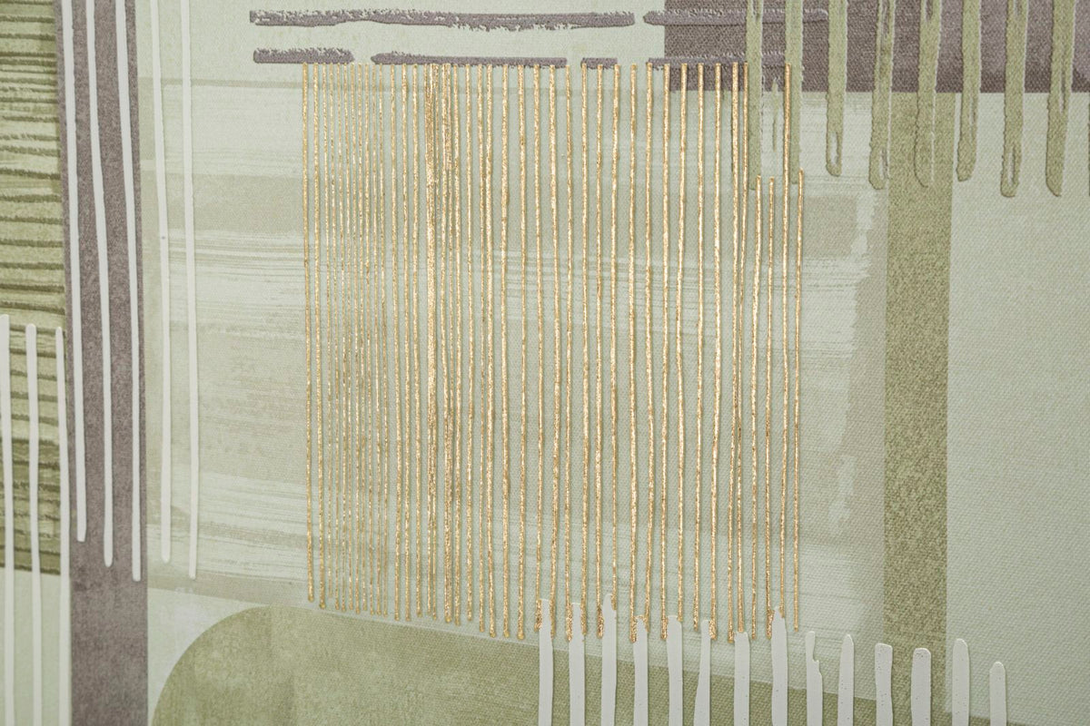 Dettaglio centrale della tela LIGNES con tratti dorati, linee bianche e pennellate verde salvia sui lati #colore_Naturale