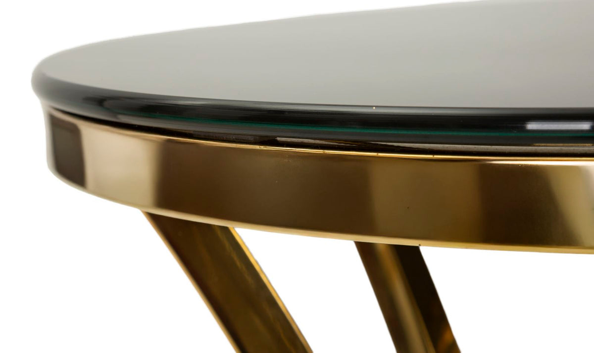 Dettaglio laterale del piano in vetro trasparente e della fascia dorata del tavolino SHANTY oro #dimensione_Ø40 H81 cm