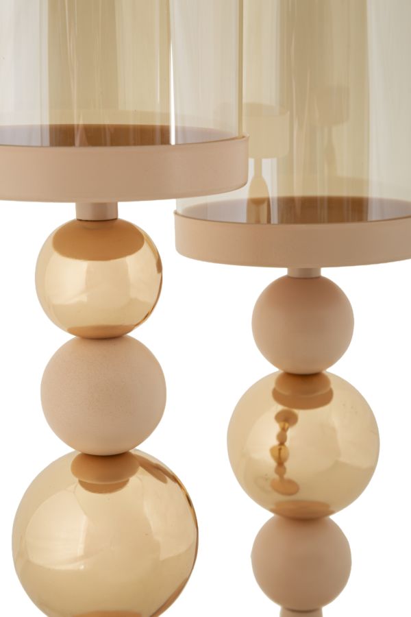Portacandele GLASSY rosa frontale con vetro ambrato aperto sopra piattino beige opaco #colore_Rosa