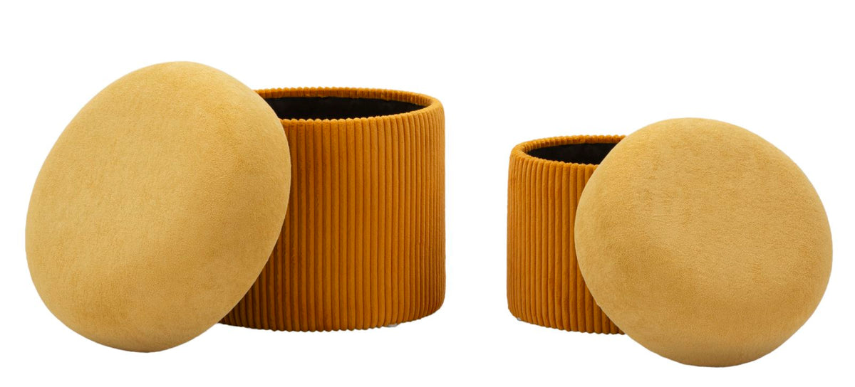 Pouf ASPEN oro aperti con coperchi sollevati e interno foderato in tessuto scuro #colore_Oro
