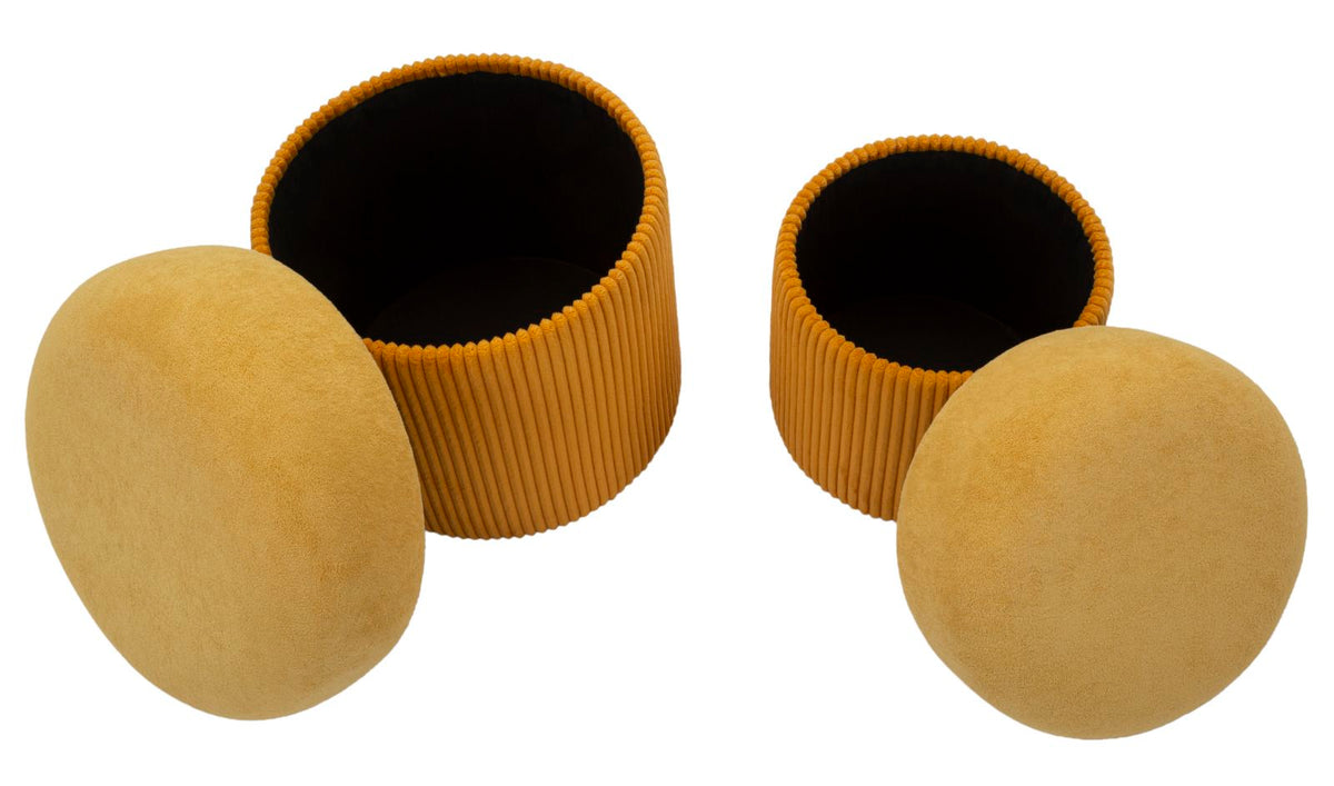 Pouf ASPEN oro con contenitore aperto, coperchio appoggiato davanti e interno scuro #colore_Oro