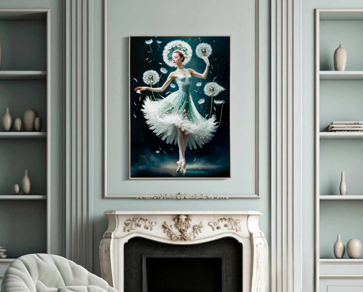 Quadro DANCING su parete grigia con ballerina bianca su sfondo blu, sopra un camino, colore bianco