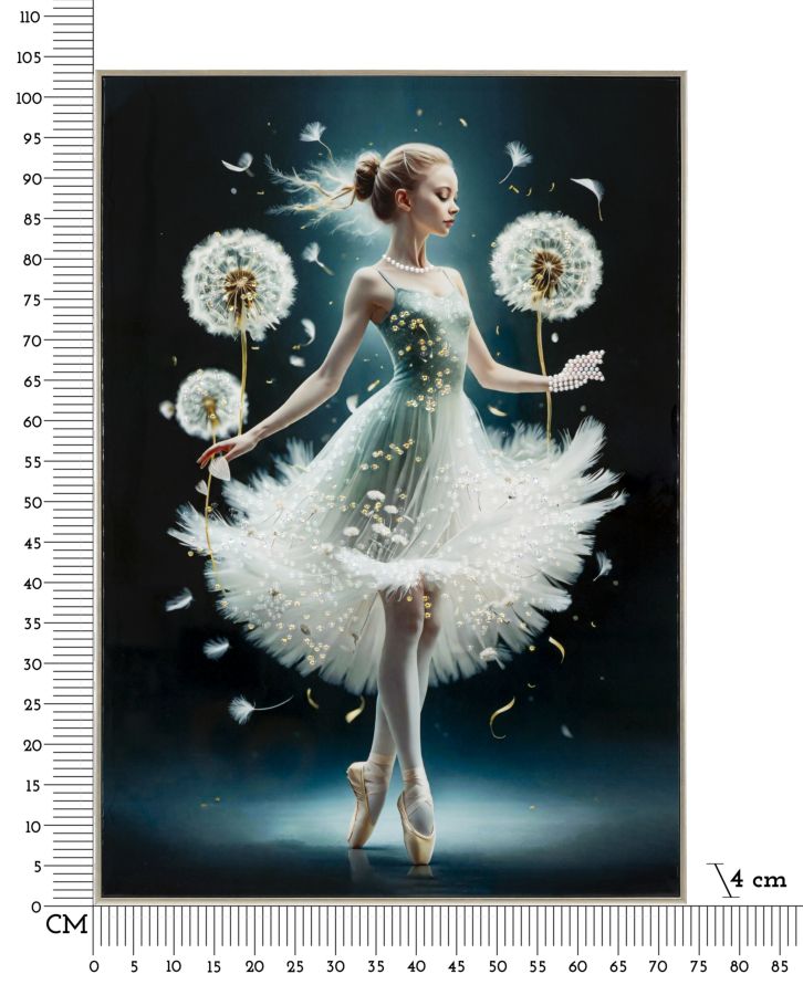 Quadro DANCING con cornice dorata, misure quotate con righello in centimetri, 4 cm di spessore