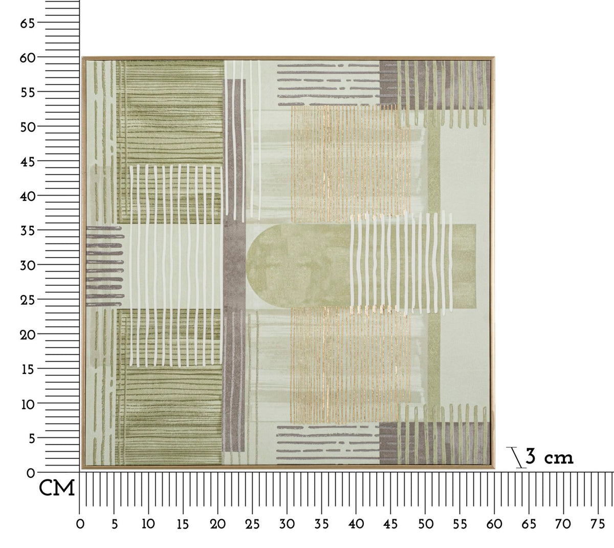 Quadro LIGNES 60x60 cm dall'alto accanto a righello centimetrato con cornice indicata di 3 cm #colore_Naturale