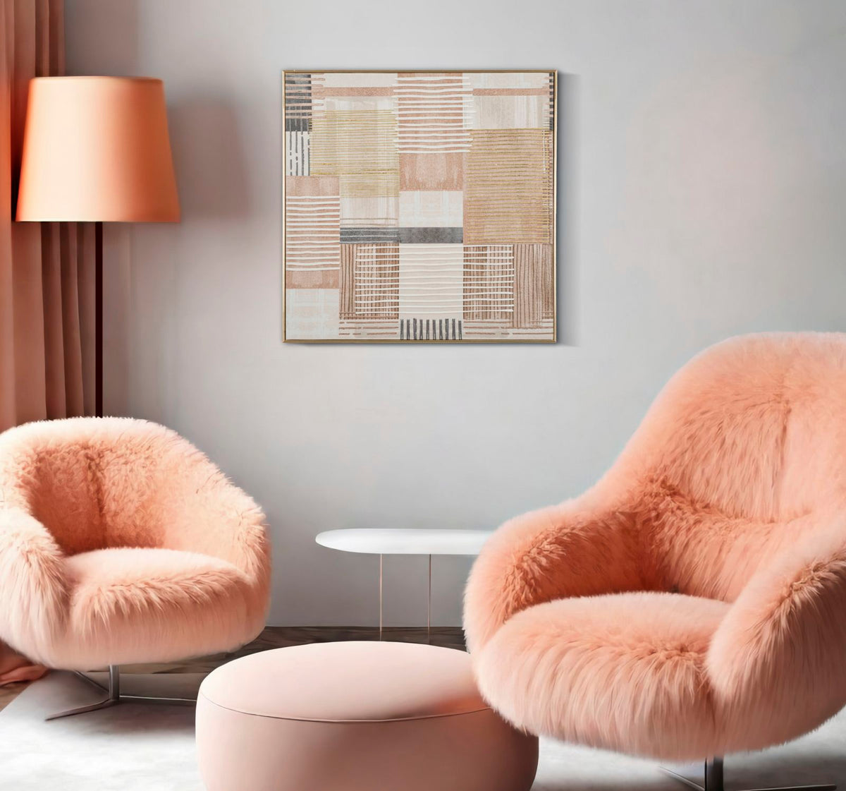 Quadro LIGNES appeso in salotto sopra due poltrone rosa e lampada da terra #colore_Multicolore