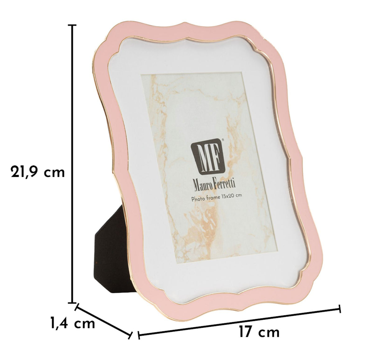 Cornice portafoto MARGOT rosa di tre quarti con misure: altezza 21,9 cm, larghezza 17 cm #colore_Rosa