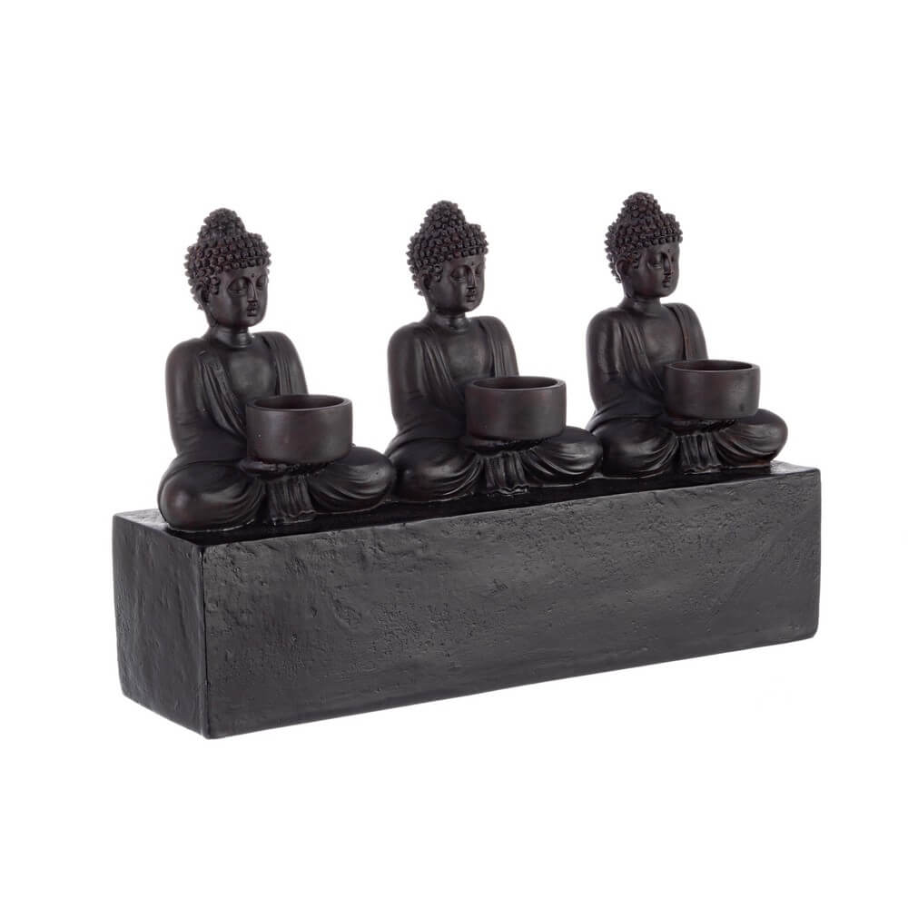 Portacandele decorativo 3 Buddha seduti in resina nera - LAYLA