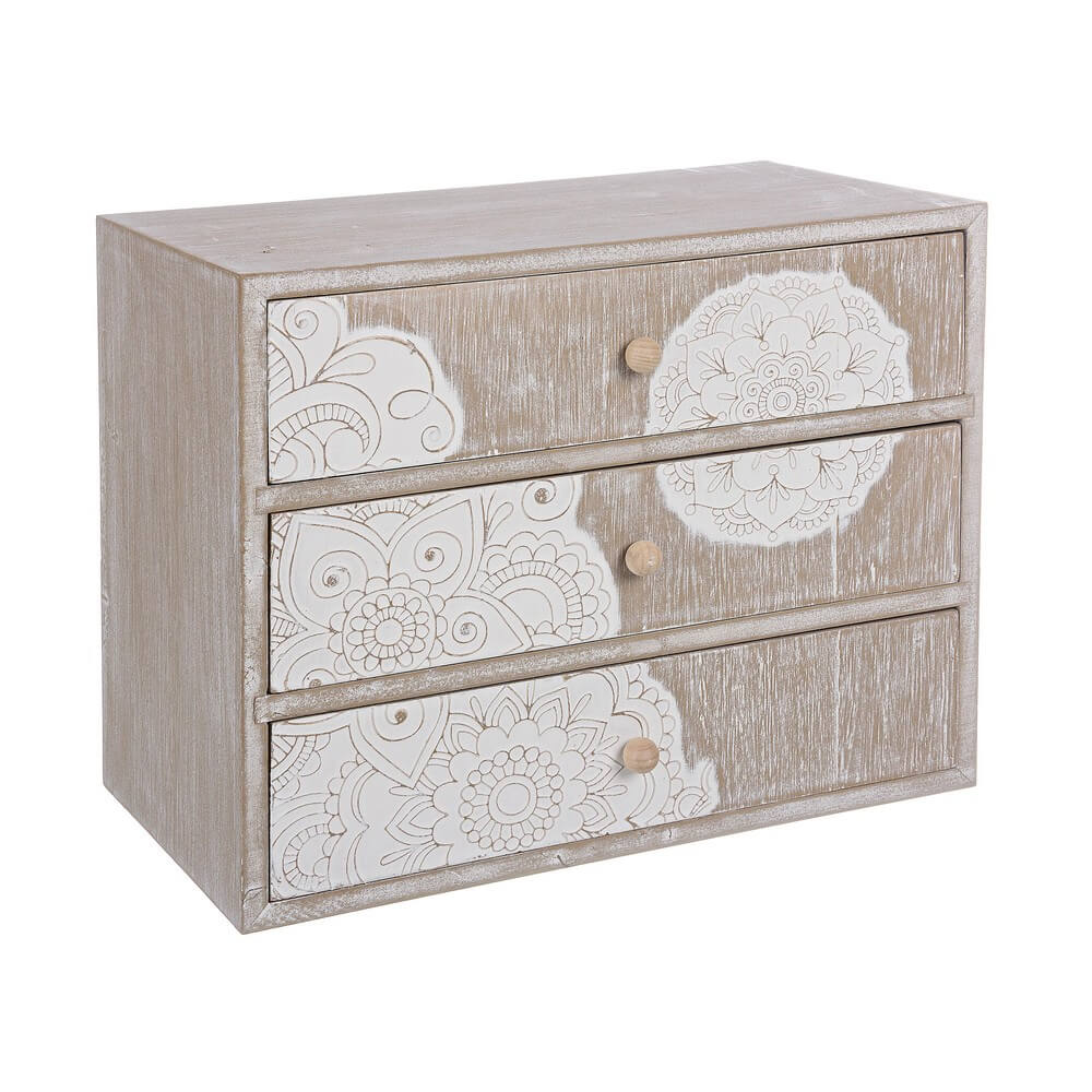 Cassettiera in legno MDF 3 cassetti con decori mandala boho - RAFAEL