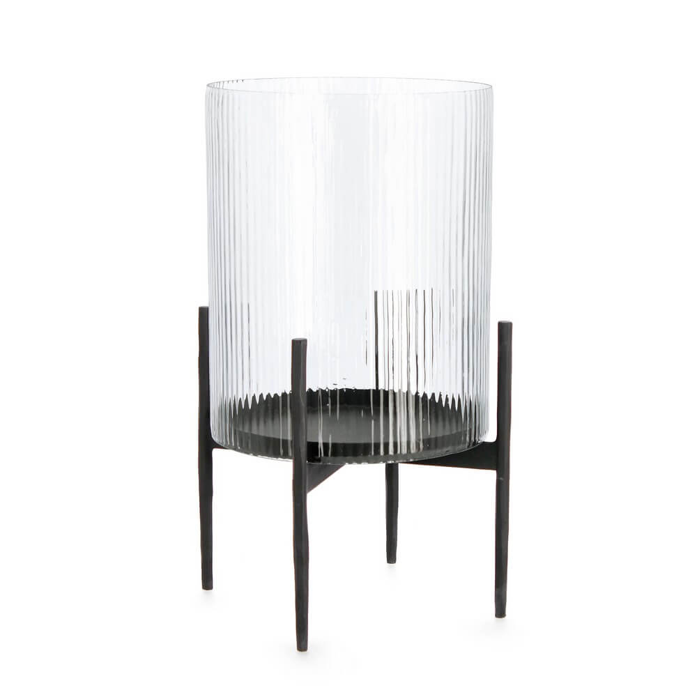 Portacandela in Vetro Rigato con Base in Metallo Nero 40 cm - WOOD