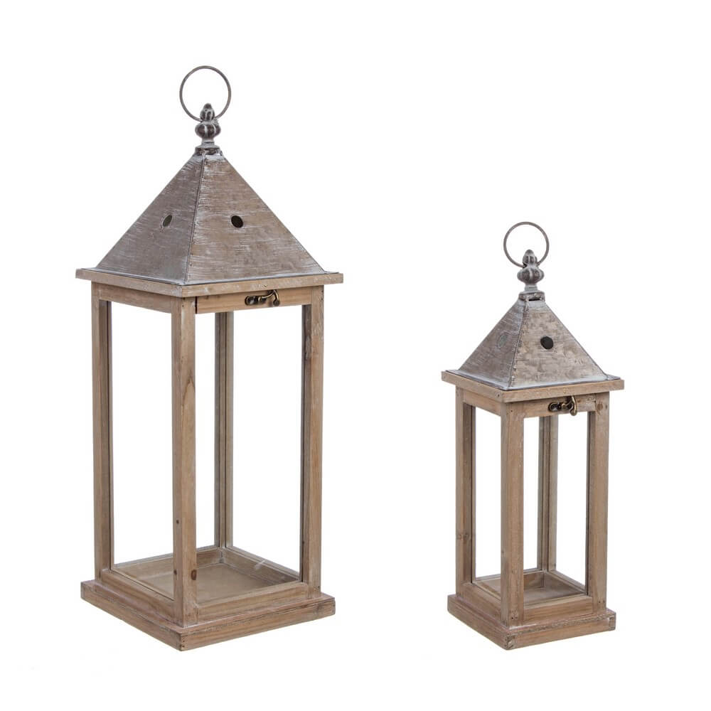 Set di 2 Set da 2 Lanterne in Legno di Abete e Acciaio Stile Chalet - SIMMONS