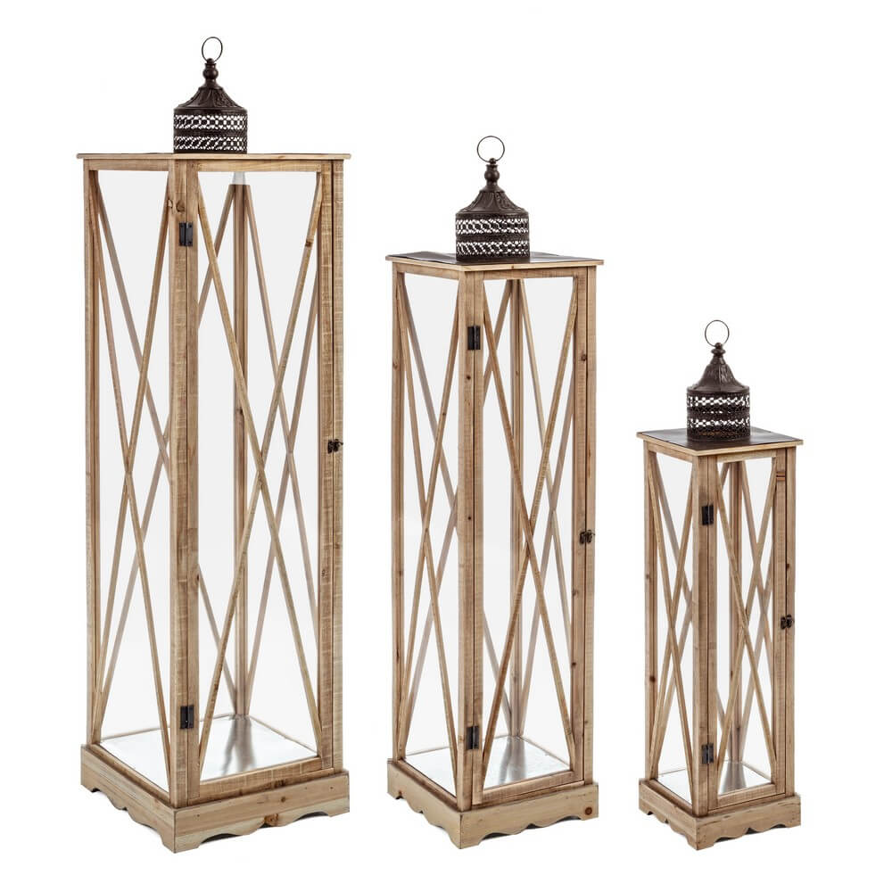 Set di 3 Lanterne in Legno Abete Vetro e Ferro Battuto - GONZALES