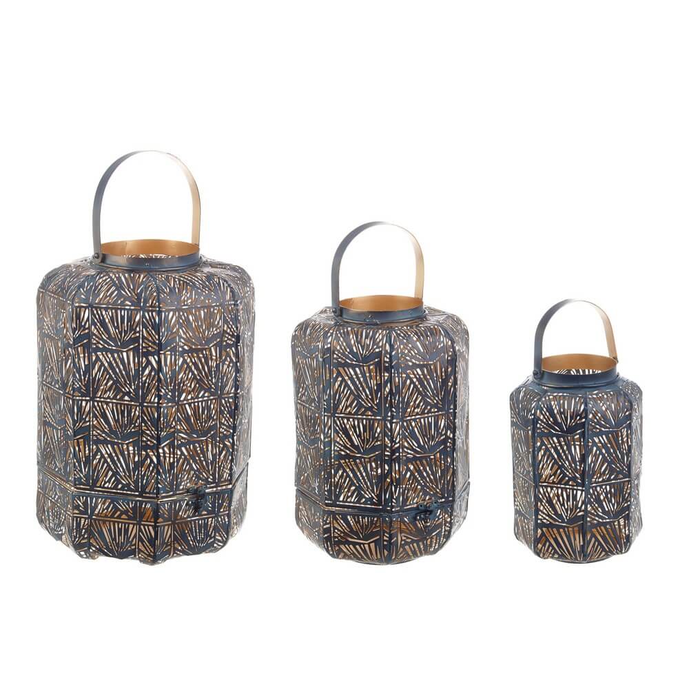 Set da 3 Lanterne in Metallo Blu e Oro con Motivi Geometrici - LING