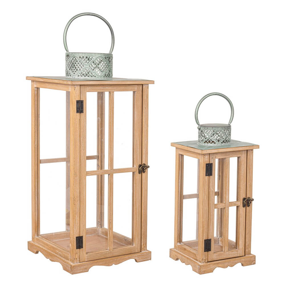 Set di 2 Lanterne in Legno Vetro e Metallo Verde Acqua - FATIMA