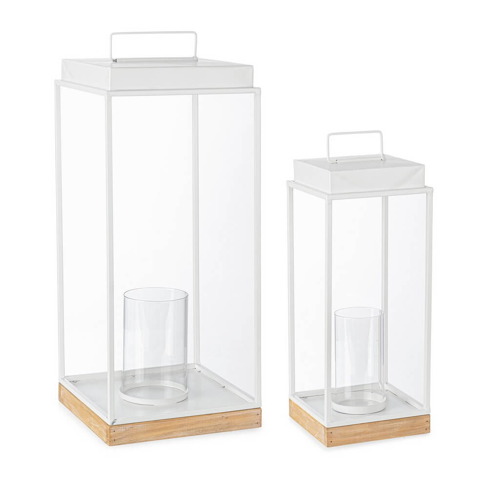 Set di 2 Set da 2 Lanterne Rettangolari in Metallo Legno e Vetro - SARAH