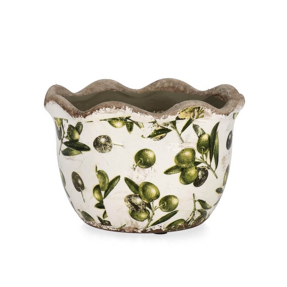 Vaso in Porcellana con Decoro Olive Bordo Ondulato 17x11 cm - OLYVIA