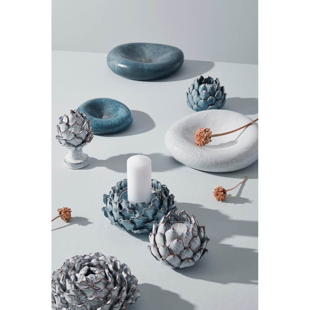 Portacandela a fiore in ceramica smaltata azzurra - FIORE