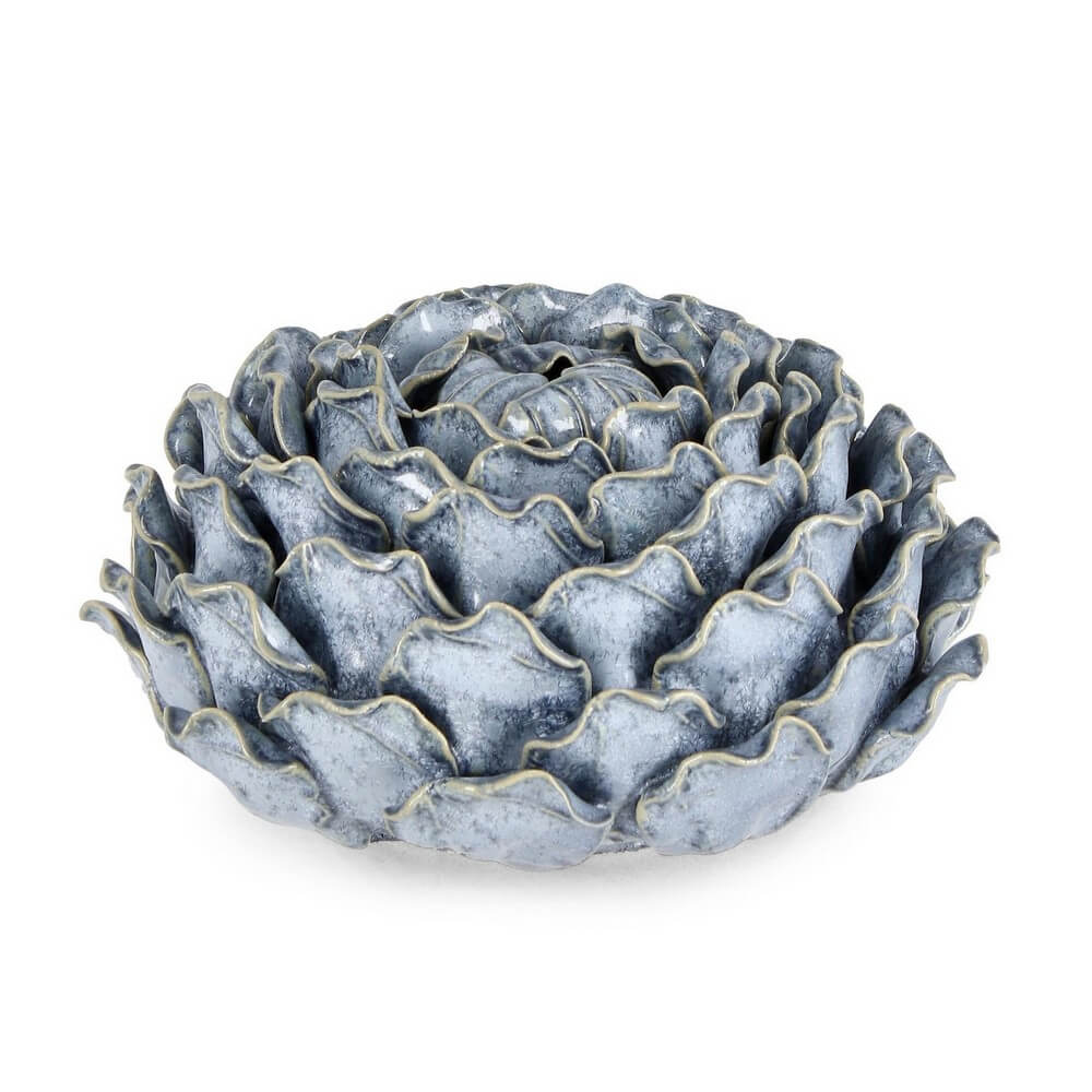 Portacandela a fiore in ceramica smaltata azzurra - FIORE