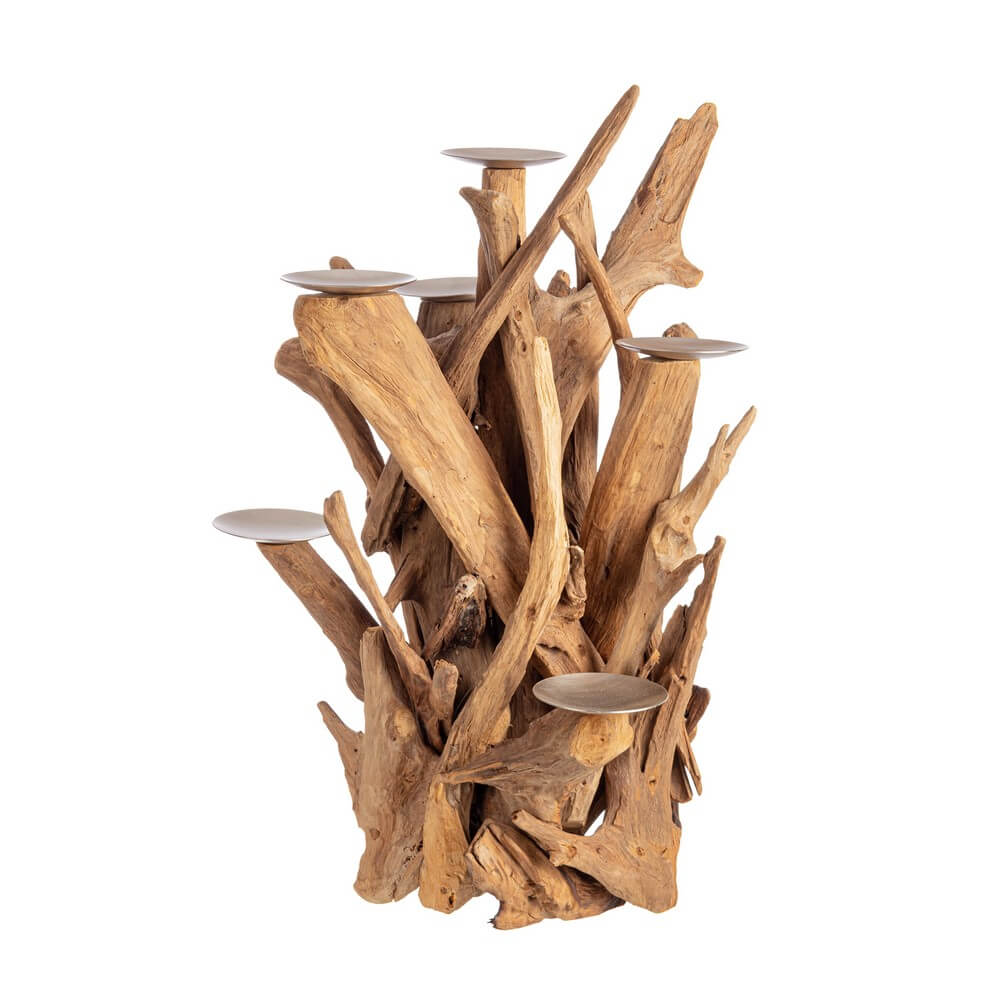 Candelabro 7 Fiamme in Legno Teak Riciclato Naturale H70 - ANANYA