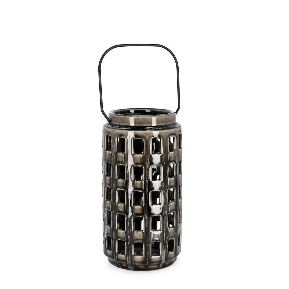 Portacandela in Ceramica Smaltata Traforata con Manico in Metallo H25 - DARREH