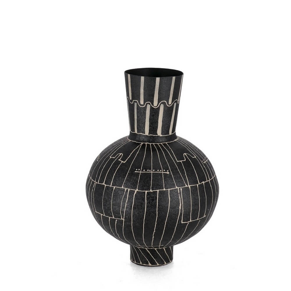 Vaso Bottiglia in Metallo Artigianale Nero Decorato a Mano - SIVA