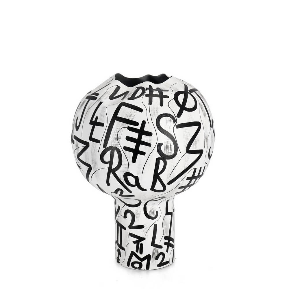 Vaso Decorativo in Metallo con Scritte Bianco e Nero H43 - DRAVE