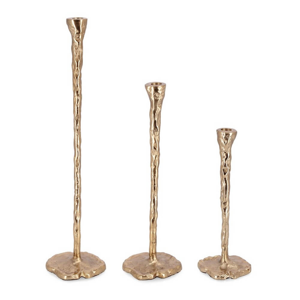 Set da 3 Candelabri in Alluminio Dorato Martellato Artigianale - CANDELABRO
