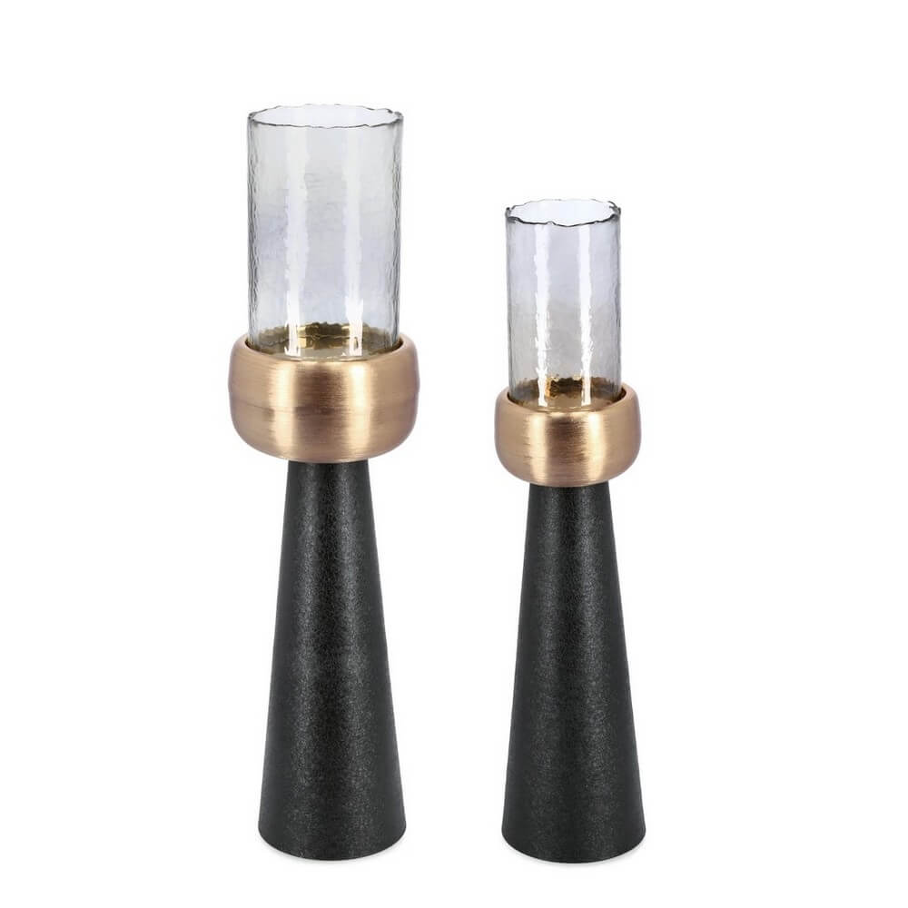 Set di 2 portacandele in alluminio nero con vetro e finitura oro - SAGAR