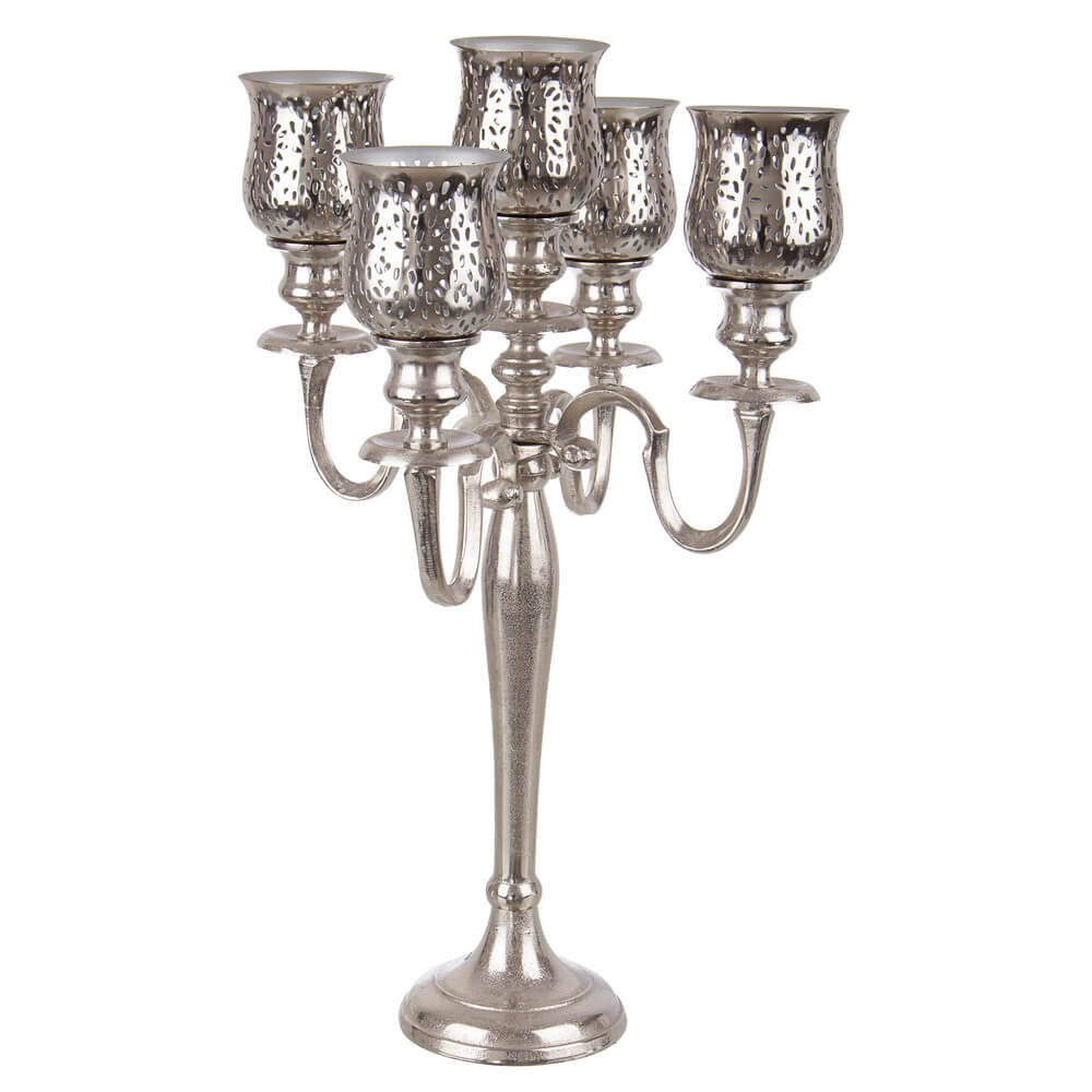 Candelabro a 5 Fuochi in Alluminio Argentato con Portacandele - SERGEI