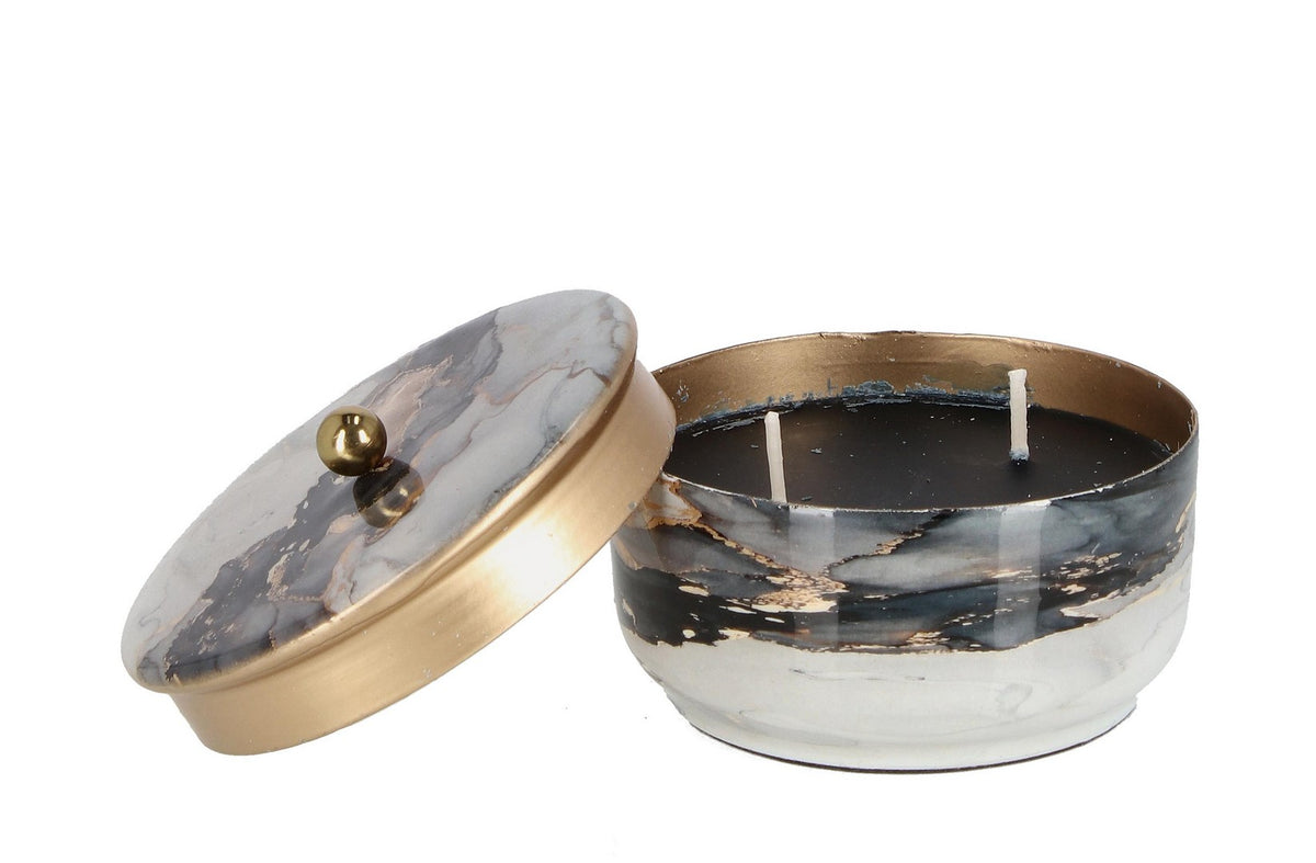 Set di 2 Candele con Coperchio in Metallo Effetto Marmo Grigio Oro - MARSHA