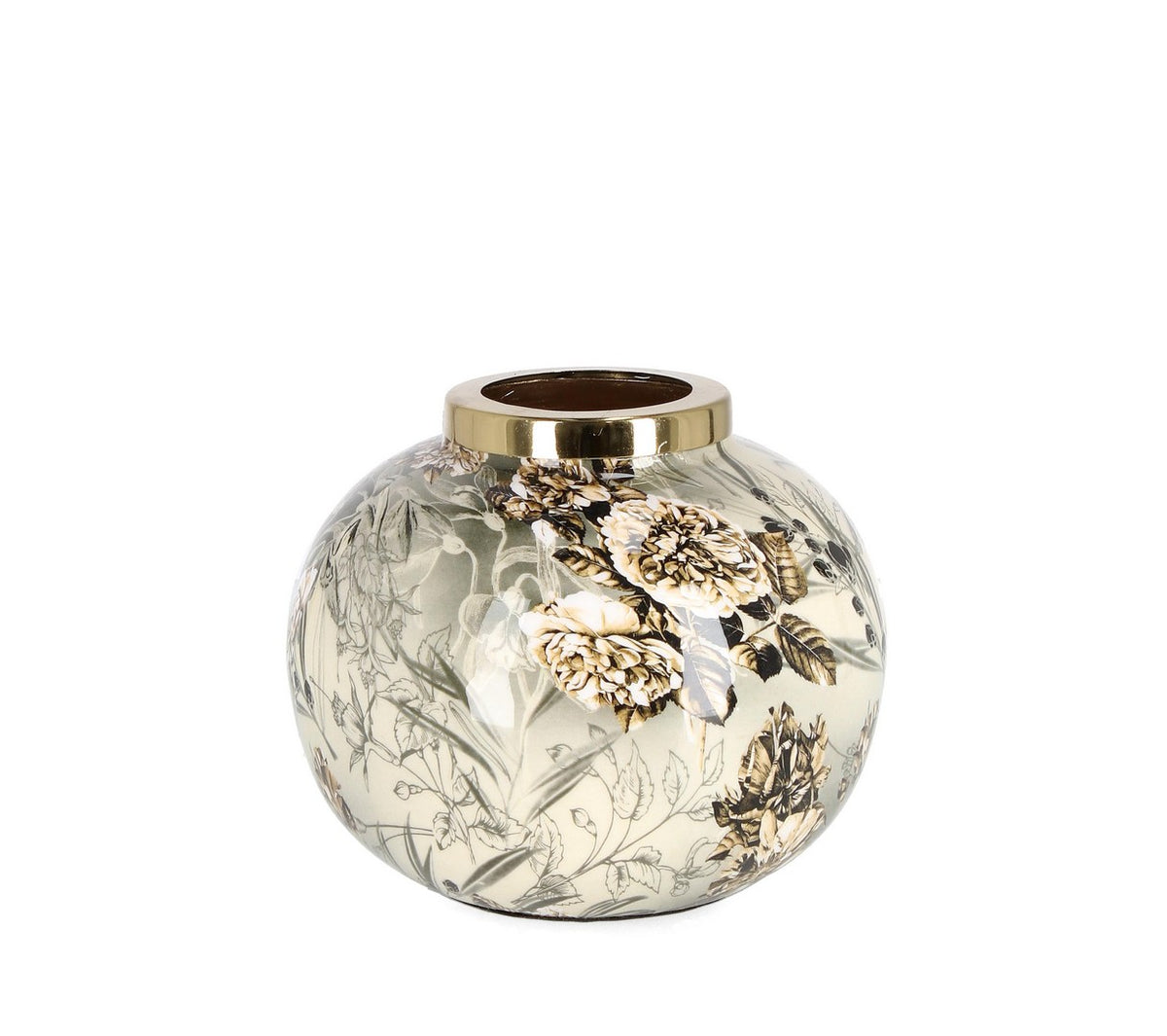 Set di 4 Vasi in Metallo Sferici con Decoro Floreale e Bordo Dorato - VISALIA