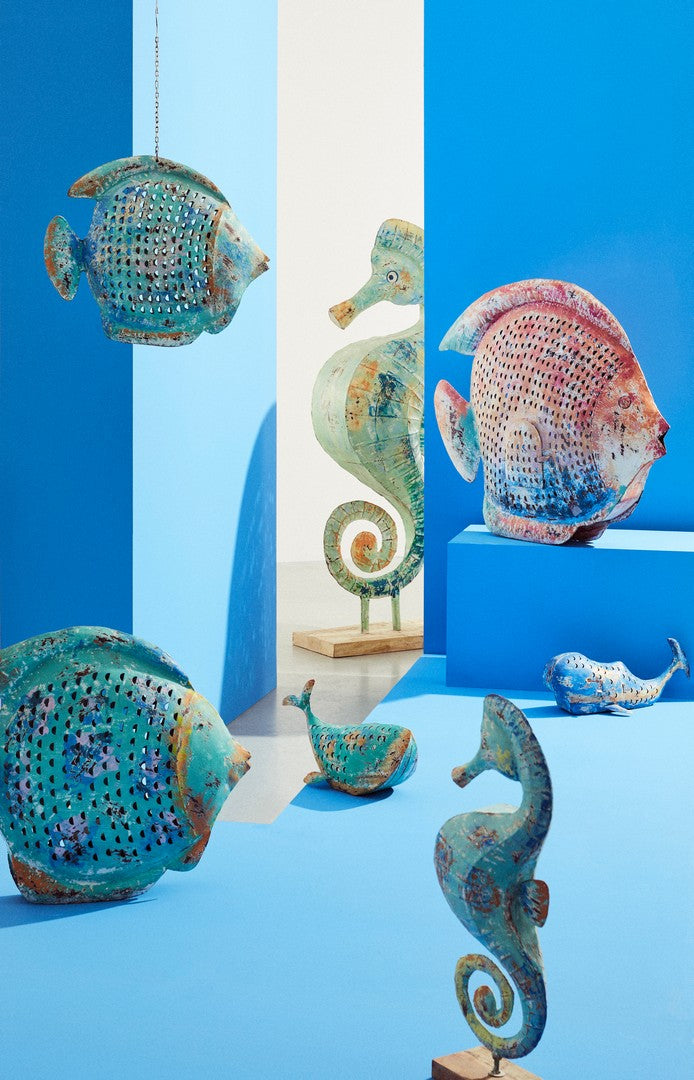 Set di 2 Decorazioni Pesce in Metallo Traforato Azzurro da Appendere - PESCE