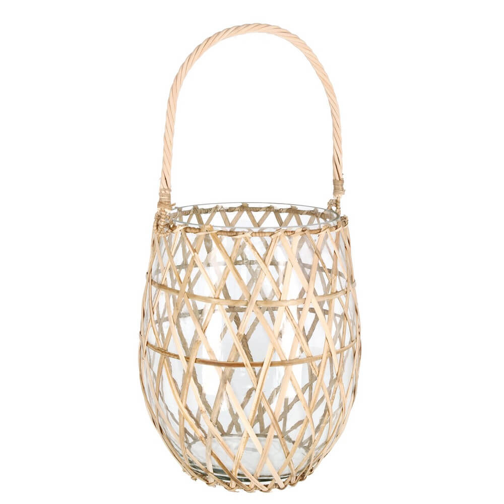 Portacandela in vetro e rattan intrecciato con manico naturale H24 - ASUKA
